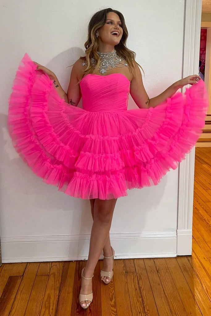 sweetheart hot pink tulle short prom dress cute graduation sweet 16 dress