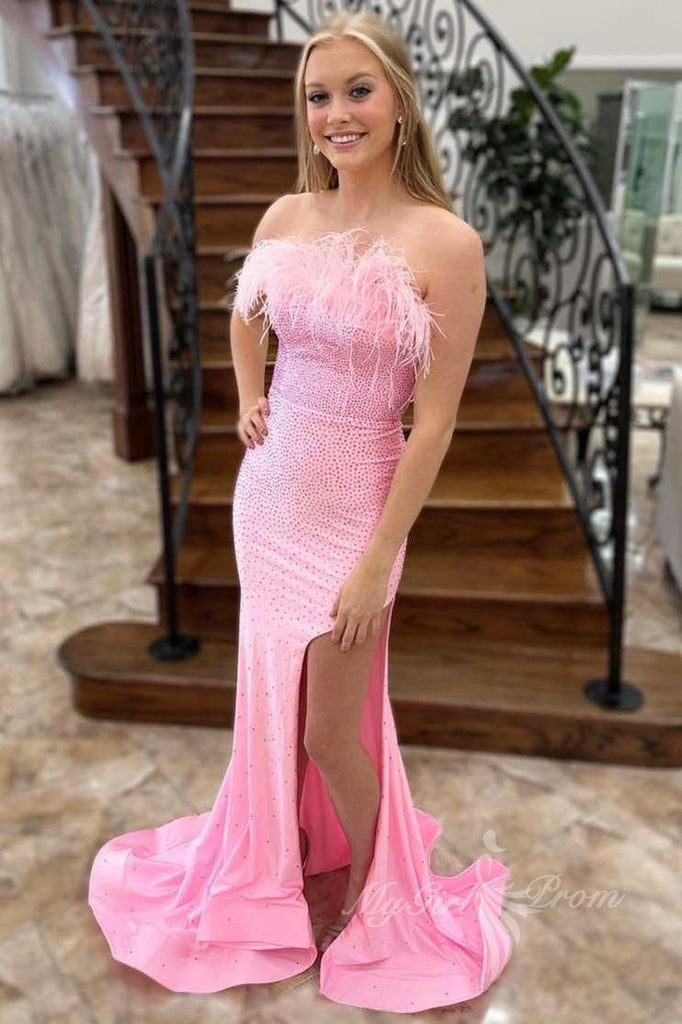 strapless mermaid pink feathers beaded long prom dress with slit