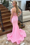 strapless mermaid pink feathers beaded long prom dress with slit