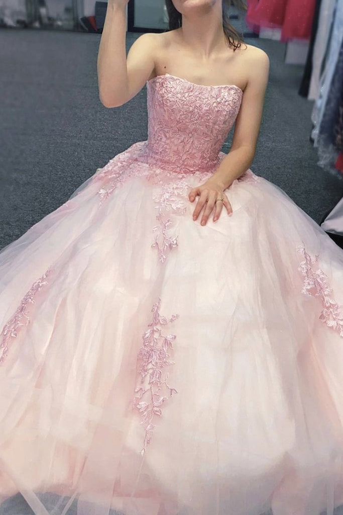 elegant strapless pink sweet 16 dress lace tulle long prom dress