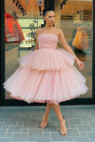 Strapless Pink Tulle Homecoming Dress, Short Prom Dress With Tiered Skirt GM485