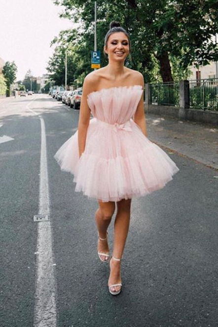 strapless pink tulle short homecoming dress princess sleeveless party dress