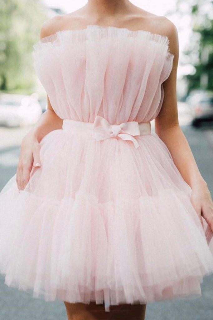 strapless pink tulle short homecoming dress princess sleeveless party dress