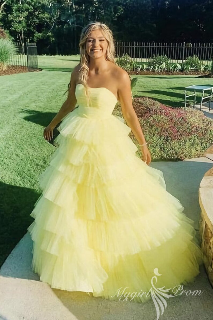 strapless yellow tulle long prom dresses princess sleeveless sweet 16 dress