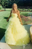 Strapless Yellow Tulle Long Prom Dresses, Princess Sleeveless Sweet 16 Dress GP440