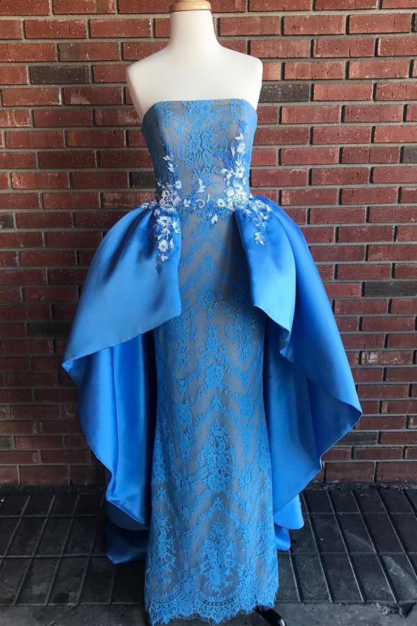strapless lace blue mermaid prom dress with detachable train