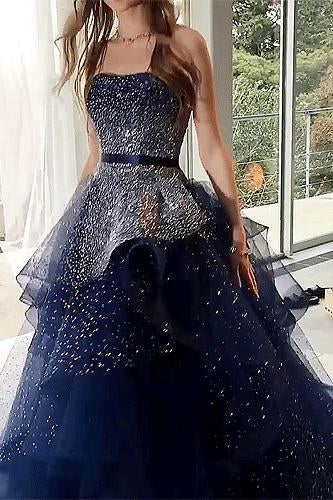 Buy Strapless Navy Blue Starry Night Asymmetry Prom Dresses With Beading MP716 –