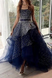 strapless navy blue starry night asymmetry prom dresses with beading mp716