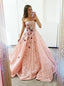 Strapless Pink Lace Long Prom Dresses Ball Gown with Floral Appliques MP831