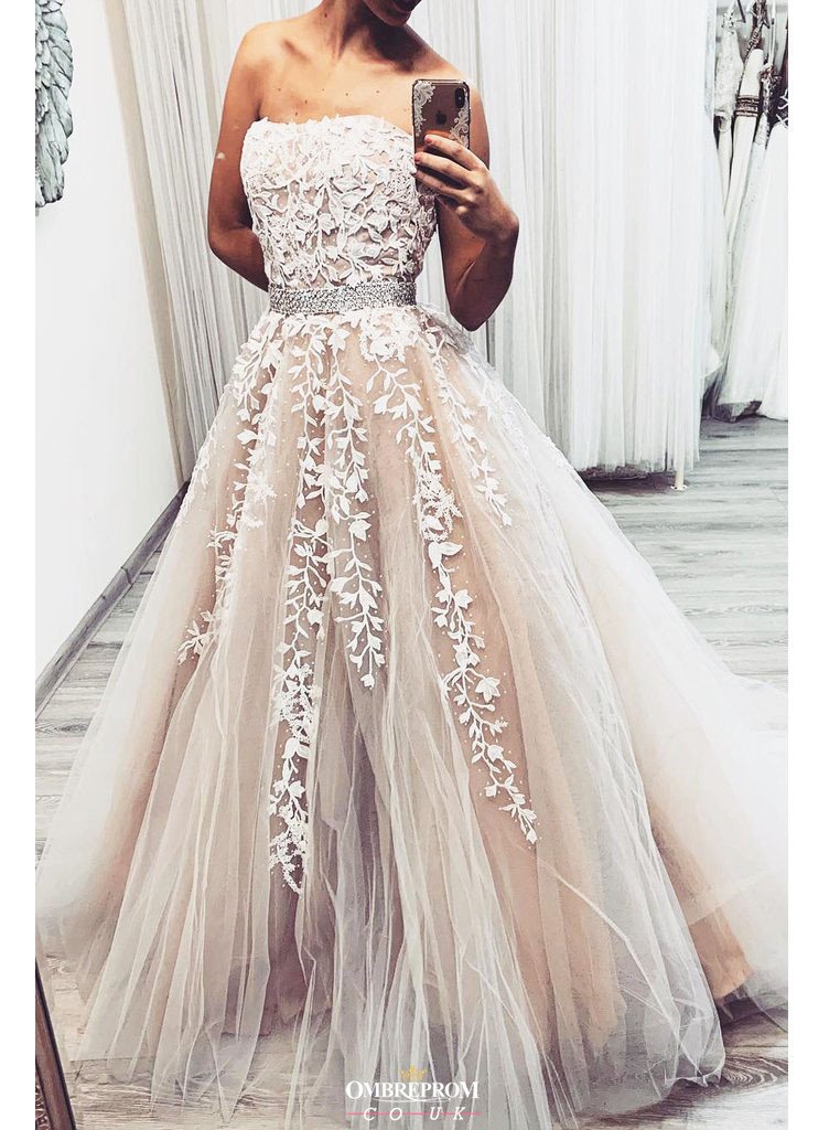 strapless lace appliques tulle long prom wedding dress with beading