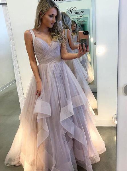 a line long prom dresses lavender tiered tulle sleeveless evening gown
