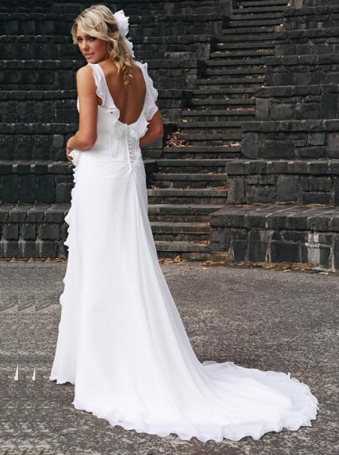 straps beach chiffon backless wedding dress with ruffled bridal dress pw274