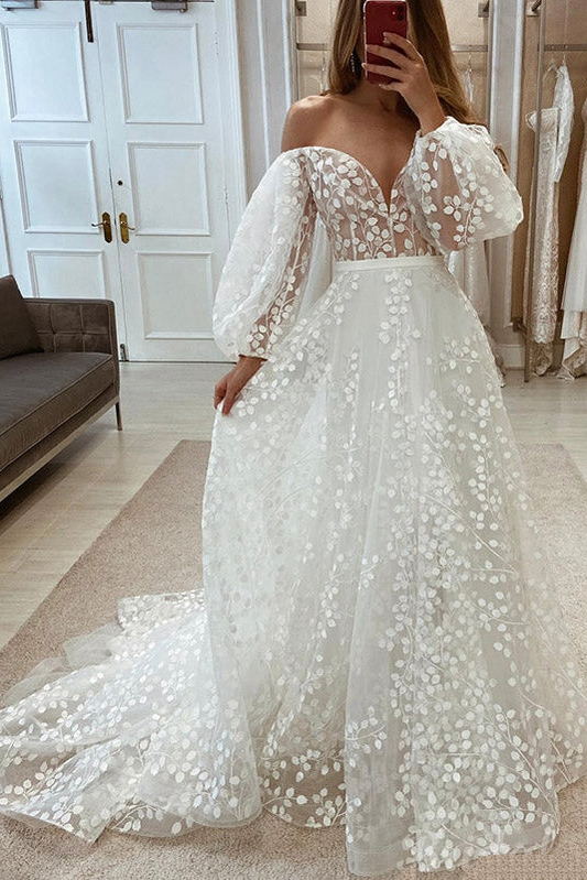 stunning a line puffy long sleeves lace beach wedding dresses