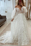 Stunning A-line Puffy Long Sleeves Lace Beach Wedding Dresses PW508