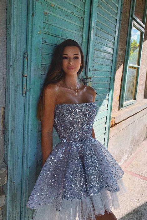 stunning dusty blue sparkly short prom dress strapless tulle homecoming dress