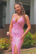 stunning sparkly mermaid v neck pink sequins long prom dresses with slit
