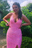 Stunning Sparkly Mermaid V Neck Pink Sequins Long Prom Dresses with Slit GP423