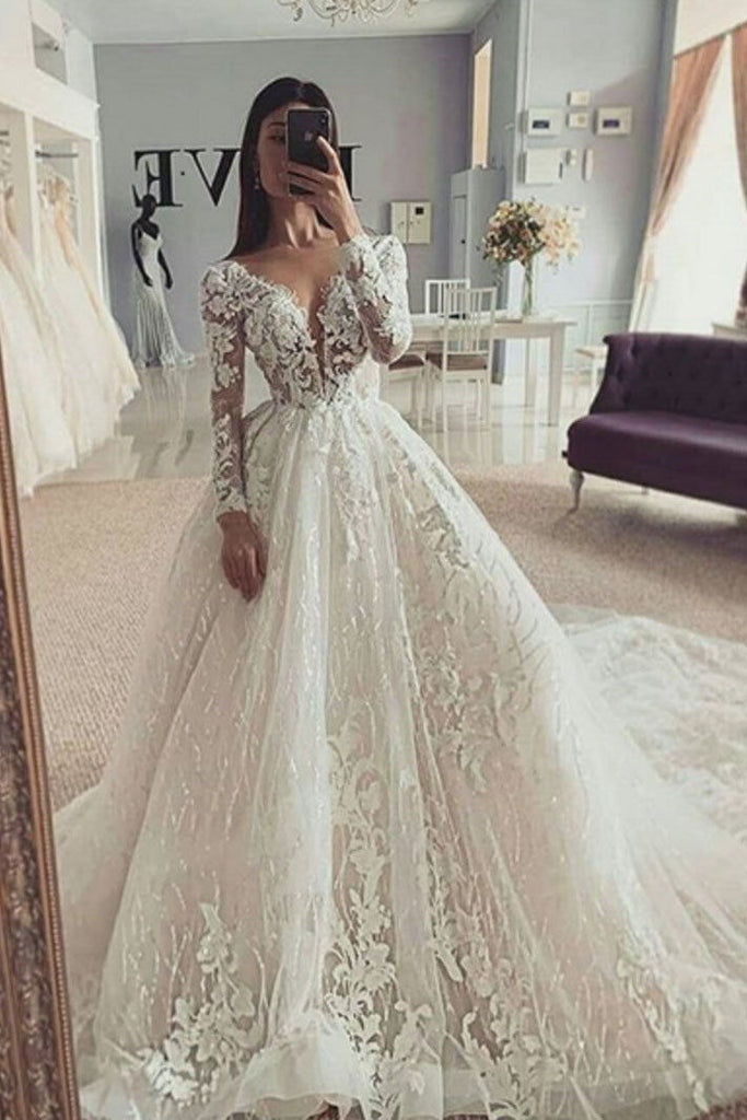 stunning v neck long sleeves wedding dresses with sequin lace appliques