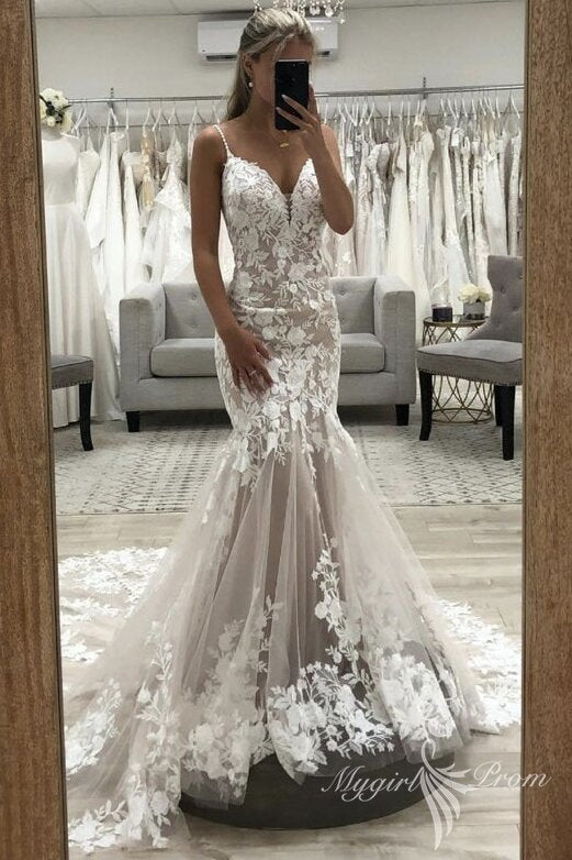 stunning v neck mermaid lace tulle long wedding dress beach wedding dress