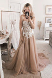 Sweetheart Champagne Tulle Long Wedding Dress with Lace Appliques PW450