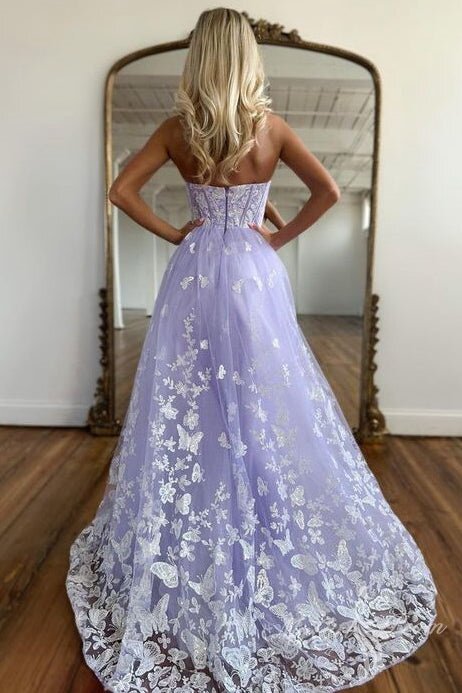 Sweetheart Lilac Lace Butterfly Long Prom Dresses Sleeveless Formal Gown GP450