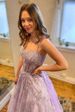 Light Purple Sweetheart Appliques Tulle Lace Long Prom Dresses GP367