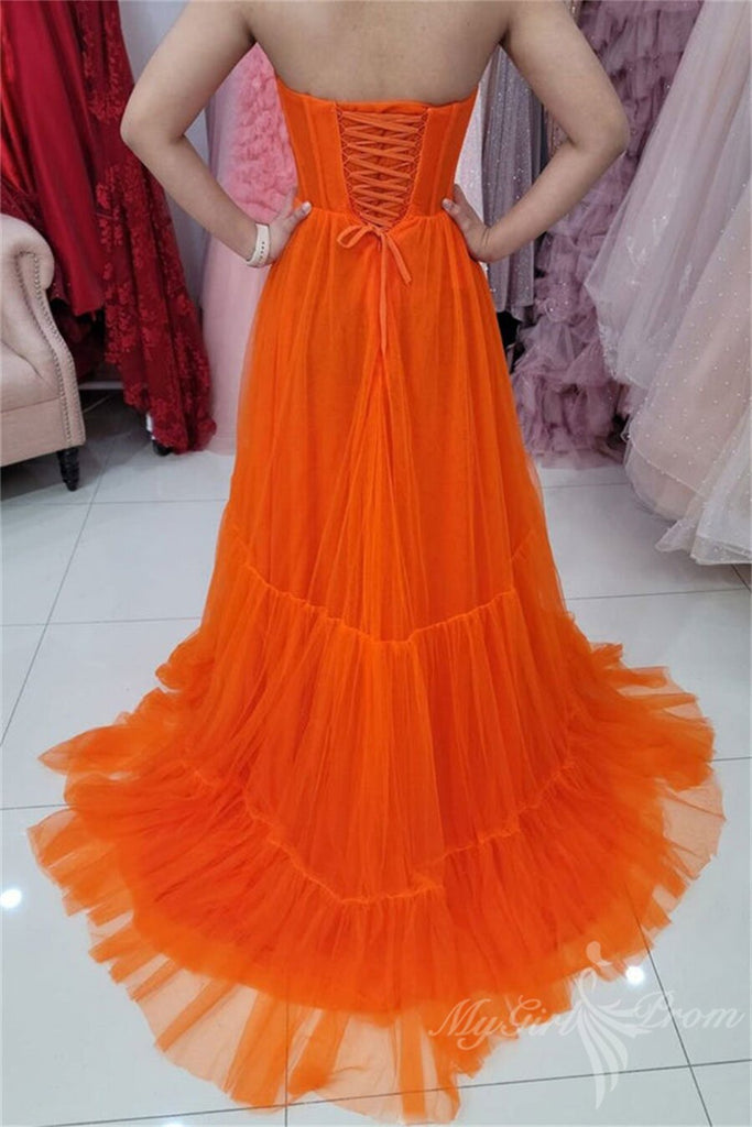 sweetheart orange tulle long prom dresses seeveless simple evening dress