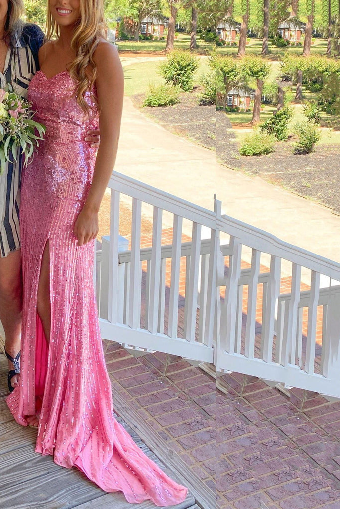 sequin sweetheart pink mermaid prom dress slit long evening gown