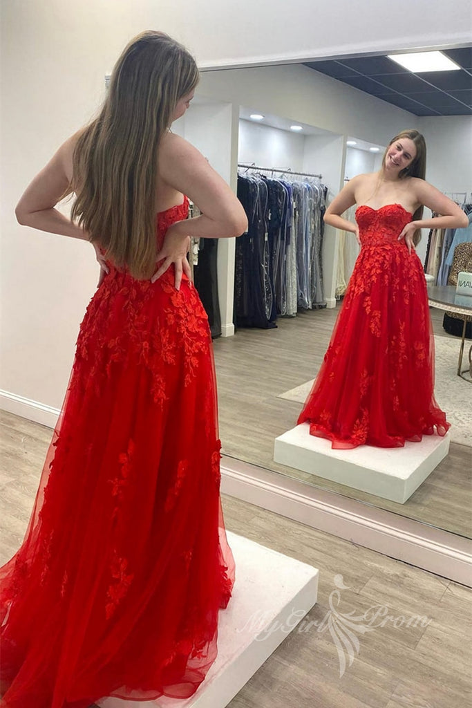 sweetheart red tulle long prom dress with lace appliques long formal dress