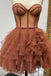sweetheart short brown tulle ruffles corset hoco dress sheer short party dress