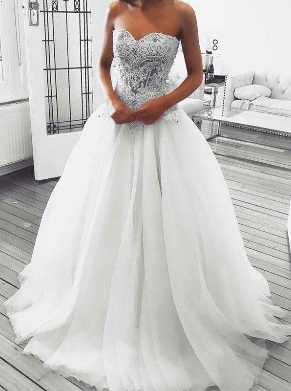 a line sweetheart wedding dresses appliques beaded tulle bridal gown