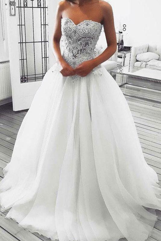 a line sweetheart wedding dresses appliques beaded tulle bridal gown