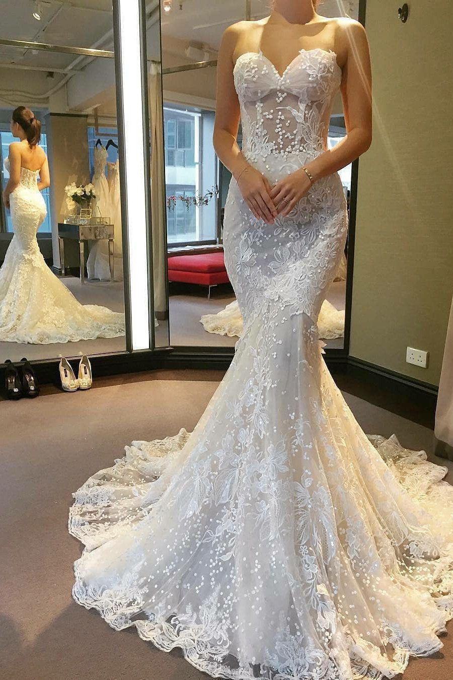 sweetheart see through lace appliques mermaid wedding dress