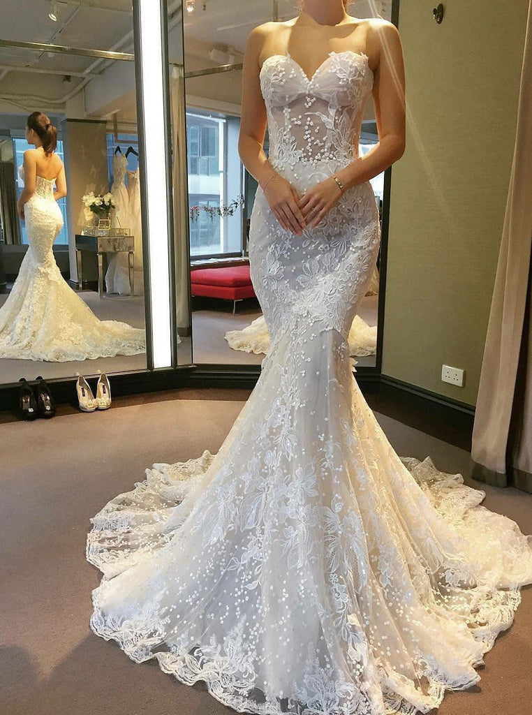 sweetheart see through lace appliques mermaid wedding dress