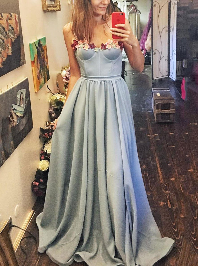 sweetheart long prom dress with floral blue evening dress
