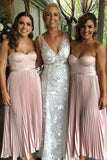 sweetheart a line tea length pleated satin pink bridesmaid dresses pb182