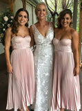 sweetheart a line tea length pleated satin pink bridesmaid dresses