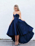 sweetheart dark navy homecoming dress asymmetry hi lo prom dress