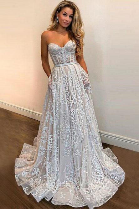 sweetheart sequins long prom dress a line lace wedding gown pw248