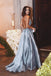 blue backless prom dress spaghetti straps beaded formal gown