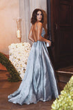 blue backless prom dress spaghetti straps beaded formal gown