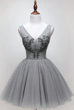 V-neck Beading Silver Short Prom Homecoming Dress Tulle Dance Dress GM84