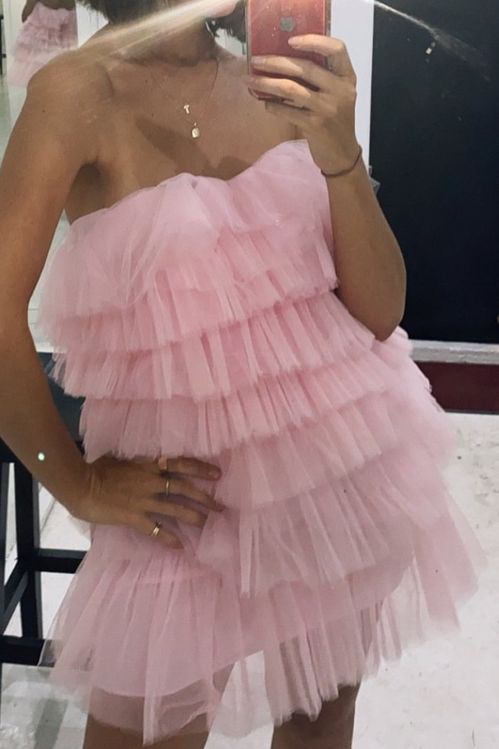 tiered tulle pink homecoming dress princess strapless short prom dress