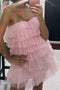 Tiered Tulle Pink Homecoming Dress, Princess Strapless Short Prom Dress GM472