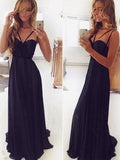 flowy black long chiffon a line prom dress spaghetti straps evening gown