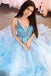 trendy blue long prom dress v neck tulle beads evening dress
