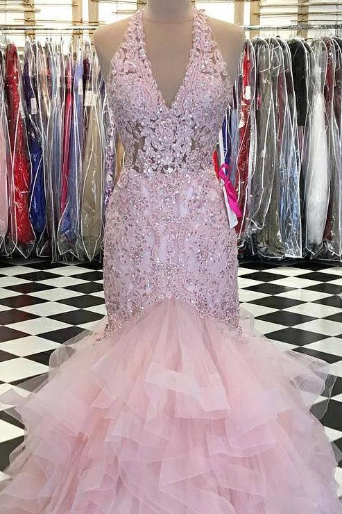 trumpet v neck lace bodice beaded pink prom dress with ruffles