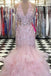 trumpet v neck lace bodice beaded pink prom dress with ruffles