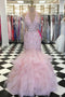 Trumpet V-Neck Lace Bodice Beaded Pink Prom Dress With Ruffles MP717