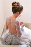 Tulle Long Sleeves Prom Dress A-Line V-Neck with Beading